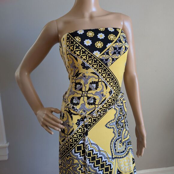 Vintage Y2K Cache Yellow Mixed Print Maxi Dress Chain Belt Strapless Size Large - Picture 4 of 13